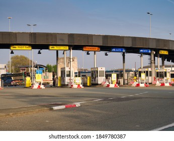 Birkenhead, UK Nov 7 2020: Toll Gates At The Entrance To The Queensway Road Tunnel Between Birkenhead And Liverpool. Toll Collection Uses Contactless Payment And Contract Tags To Speed Transit.