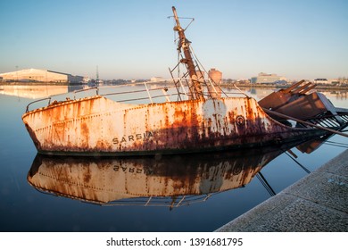 Birkenhead, Wirral, Merseyside, England, Britain, December 2014, Partially Submerged Wreck Of RV Sarsia At East Float Dock