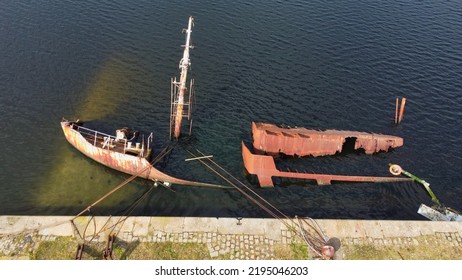 Birkenhead, Wirral, Merseyside, Liverpool, England, Britain, August 2022, Aerial View Of Wreck Of RV Sarsia In Dock