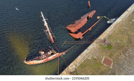 Birkenhead, Wirral, Merseyside, Liverpool, England, Britain, August 2022, Aerial View Of Wreck Of RV Sarsia In Dock