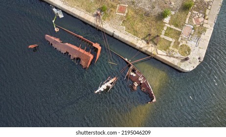 Birkenhead, Wirral, Merseyside, Liverpool, England, Britain, August 2022, Aerial View Of Wreck Of RV Sarsia In Dock