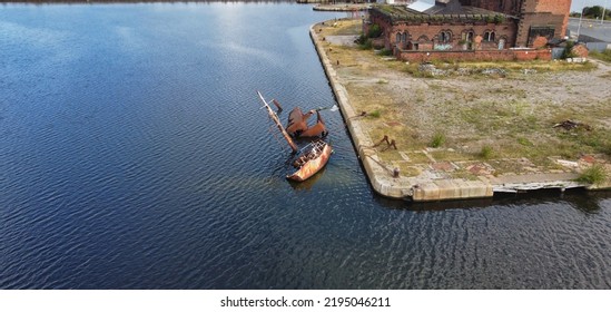 Birkenhead, Wirral, Merseyside, Liverpool, England, Britain, August 2022, Aerial View Of Wreck Of RV Sarsia In Dock