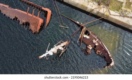 Birkenhead, Wirral, Merseyside, Liverpool, England, Britain, August 2022, Aerial View Of Wreck Of RV Sarsia In Dock