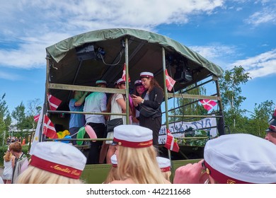 BIRKEROED, DENMARK - JUNE 23, 2016: Traditional Day In Denmark When All The High School Students Graduates. Here Students Are Entering The Back Of A Truck.