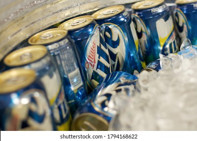 Birmingham, AL / USA - November 18, 2017: Cans Of Miller Light Beer On Ice. Using Selective Focus.