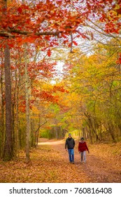 Birmingham, Alabama - 11/27/2014:  Man And Woman Walking On A Trail In The Autumn Season With Fall Colors In Red Mountain Park, Birmingham, Alabama