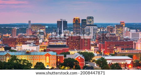 Birmingham, Alabama, USA downtown city skyline at dusk.