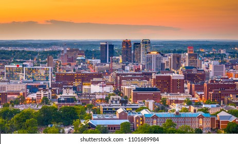 Birmingham, Alabama, USA downtown skyline from above at dusk.