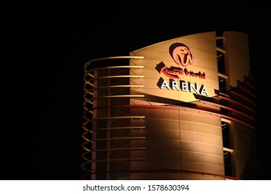 BIRMINGHAM, ENGLAND - DECEMBER 2019: Floodlit Sign At Night On The Exterior Of The Resorts World Arena, A Concert Venue At The Birmingham National Exhibition Centre.