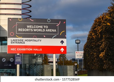 BIRMINGHAM, ENGLAND - DECEMBER 2019: Sign Welcoming Visitors To The Resorts World Arena, A Concert Venue At The Birmingham National Exhibition Centre.