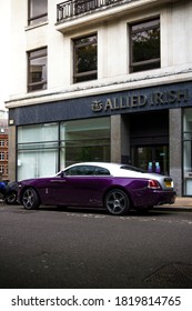 Birmingham, England - July 2018: Purple And Silver Rolls Royce Wraith Luxury Supercar Parked Up Near An Office Building In Central Birmingham. 