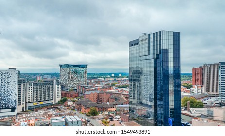 Birmingham, England, UK - November 2019: Panoramic aerial cityscape view from the top floor of Birmingham library. 