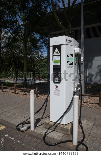 Birmingham /\
Great Britain - July 22, 2019 : Ecotricity electric car recharging\
point at motorway service\
station