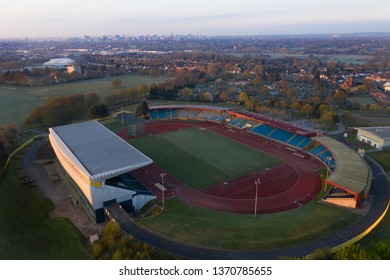 BIRMINGHAM, UK - 2019: Birmingham Alexander Stadium Aerial Shot And City Centre Cityscape