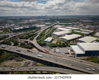 BIRMINGHAM, UK - 2022: Aerial View Of Birmingham UK City Centre And Motorway Traffic