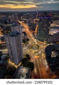 BIRMINGHAM, UK - 2022: Aerial View Of Birmingham UK City Centre At Night With Traffic