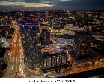 BIRMINGHAM, UK - 2022: Aerial View Of Birmingham UK City Centre At Night With Traffic