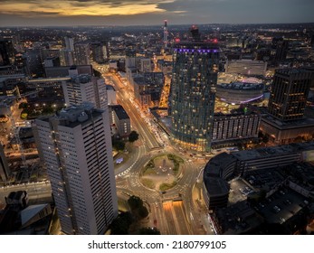 BIRMINGHAM, UK - 2022: Aerial View Of Birmingham UK City Centre At Night With Traffic