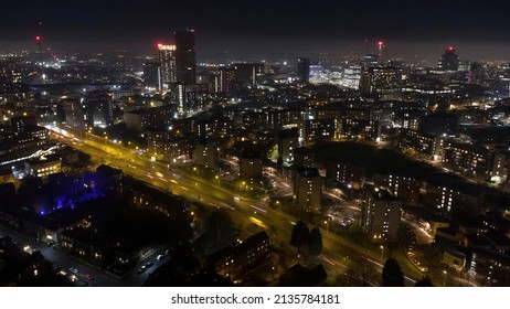 Birmingham UK Aerial View At Night With Misty Sky