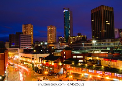Birmingham UK cityscape at night british metropolitan skyline picture view to the rush streets traffic trails high resolution european union nightscape United Kingdom 6/2017 