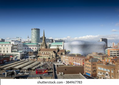 BIRMINGHAM, UK - February 24 2016: View of the skyline of Birmingham, UK including The church of St Martin, the Bullring shopping centre and the outdoor market.