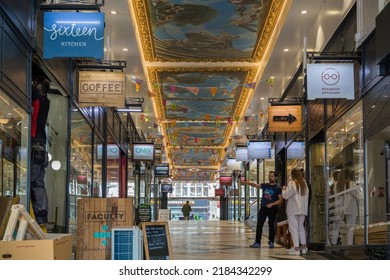 Birmingham, UK, July 27, 2022 - Piccadilly Arcade With Its Beautiful Mural On The Ceiling And Traditionally Styled Architecture Houses A Number Of Independent Retailers.