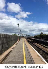 Birmingham, UK: May 02, 2018: The Empty Platform At Moor Street Railway Station In A Vertical Format On A Blue Sky Day. It Is Managed By Chiltern Railways. 