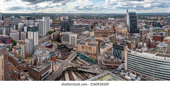 BIRMINGHAM, UK - MAY 24, 2022.  An aerial view of Victoria Square and the ancient architecture of The Council House and Town Hall in a Birmingham cityscape skyline