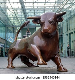 Birmingham, UK - November 2019: Statue Of A Bull Outside The Bullring Shopping Centre, Birmingham