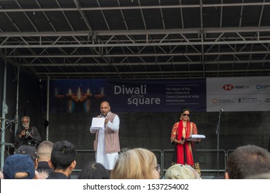 Birmingham, UK - October 19, 2019: The Presenters Of The Diwali On The Square Event Speak To The Audience. 