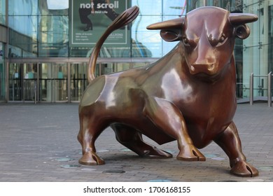 Birmingham UK. Taken 16th April 2020. Birmingham's Iconic Bronze Bull At The Entrance To The  Bullring Shopping Centre.