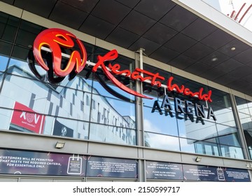 Birmingham. UK-04.26.2022. The Name Sign And Facade Of The Resorts World Arena. A Major Entertainment And Music Venue In The Midlands.