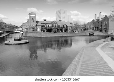 Birmingham Water Canal Network - Famous Birmingham-Fazeley Roundabout. West Midlands, England. Black And White Retro Style.