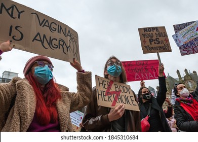 Birmingham, West Midlands, England – 1st November 2020: human rights protest at Victoria Square in Birmingham. Poland's top court rules a law banning abortion but people say no for anti-abortion law.