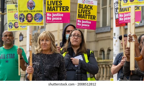 Birmingham, West Midlands, UK. July 9 2021:  Crowd Holding Placards At The Justice 4 Dalian Atkinson Public Protest Rally In Victoria Square.