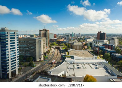 BIRMINGHAM, WEST MIDLANDS, UK - NOVEMBER 25, 2016: Aerial view of Birmingham city center. Birmingham is the Britain's second city. 
