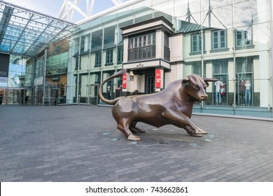 Birminghamm, UK - October 3rd, 2017 : A Bull Sculpture Outside The Front Of The Bullring Shopping Centre, A Landmark In Birmingham