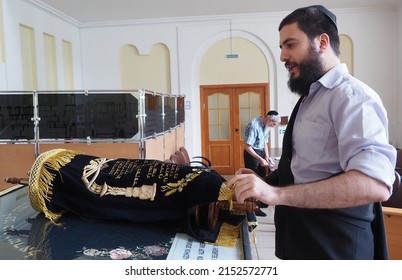  Birobidzhan, Jewish Autonomous Region,  Russia-08-15-2021:  Synagogue, Rabbi With Torah  In Velvet Case