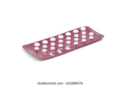 Birth Control Pills On White Background.