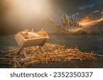 Birth of Jesus Christ in Bethlehem, star shinning on the manger, three kings riding on camels, desert night, religion and faith of christianity, bibical story of Christmas