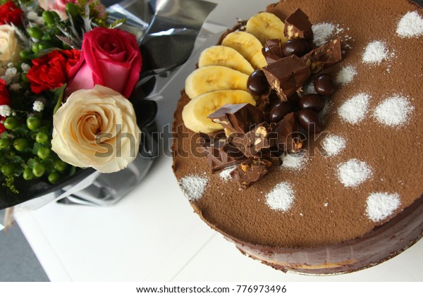 Birthday Bouquet Flowers Chocolate Banana Mousse Royalty Free