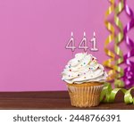 Birthday Cake With Candle Number 441 - On Pink Background.