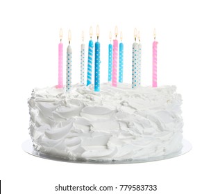 Birthday Cake With Candles, Isolated On White