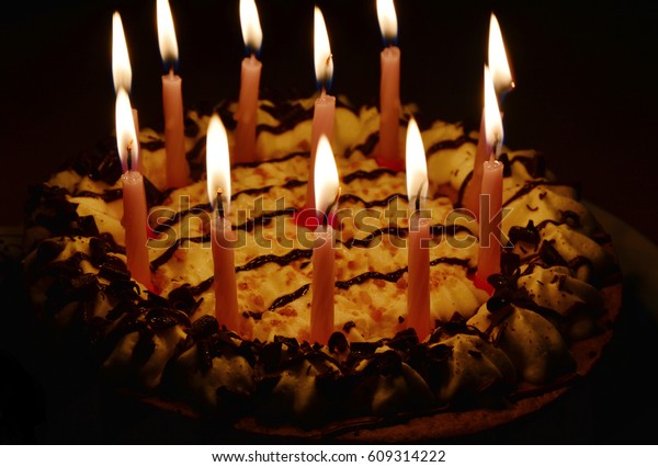 Birthday Cake Candles Light Dark Room Stock Photo Edit Now 609314222