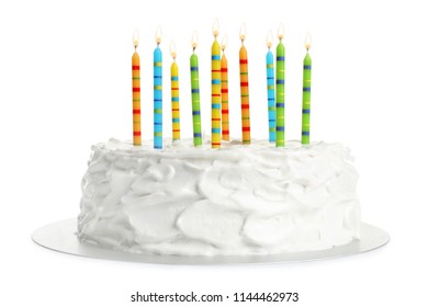 Birthday Cake With Candles On White Background