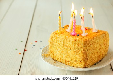 Birthday Cake With Candles On Wooden Table Selective Focus