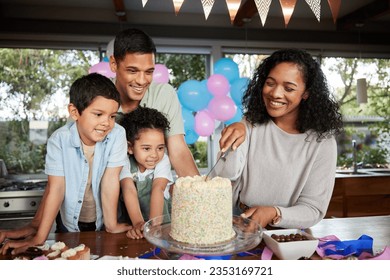 Birthday cake, excited and family at party to celebrate and cut slice together for dessert. Fun, surprise or event with happy mother, father and young children at a table for celebration or holiday - Powered by Shutterstock