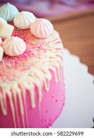 Birthday Cake With Glitter And Meringue Closeup. Selective Focus. 