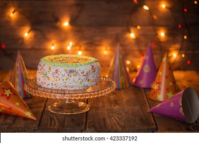 Birthday Cake On Wooden Table On Light Background