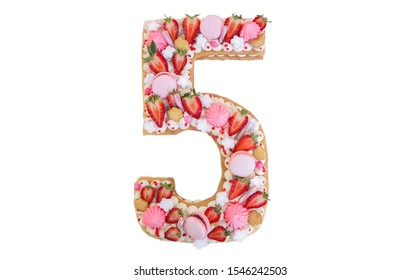 Birthday Cake In The Shape Of The Number Five On A White Background . Beautiful Homemade Birthday Cake In The Form Of The Number Five On A Red  Substrate Top View . Strawberry Cake